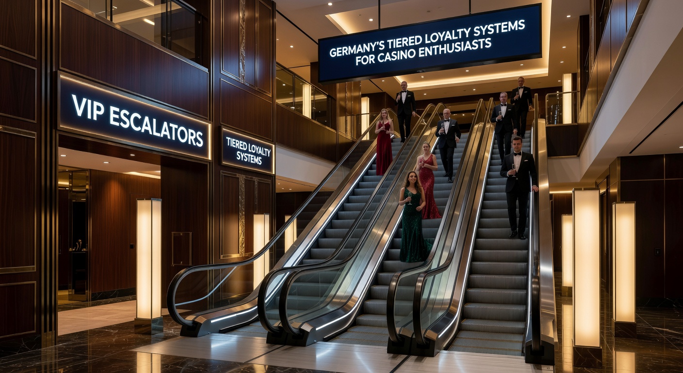 Ein stilisiertes Bild eines goldenen Escalators in einem luxuriösen Casino, das die Aufstiegsstufen der VIP-Programme symbolisiert